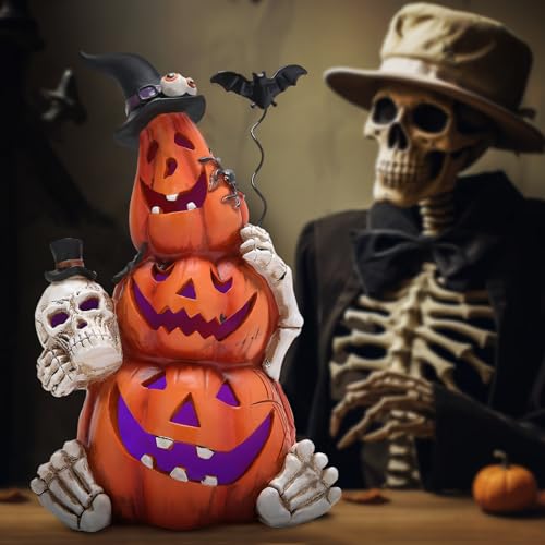 8.25-Inch Lighted Halloween Pumpkin Statue Resin Tabletop Decor