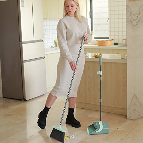 Upright Broom and Dustpan Set with Long Adjustable Handle - Gray & Green