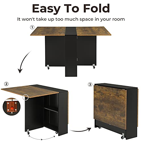 Folding Dining Table with Storage Shelves and 6 Wheels, Rustic Brown