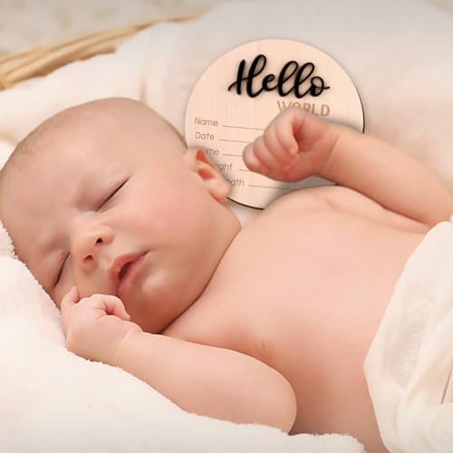 Hello World Newborn Birth Announcement Sign - 5.9 Inch Wooden Keepsake