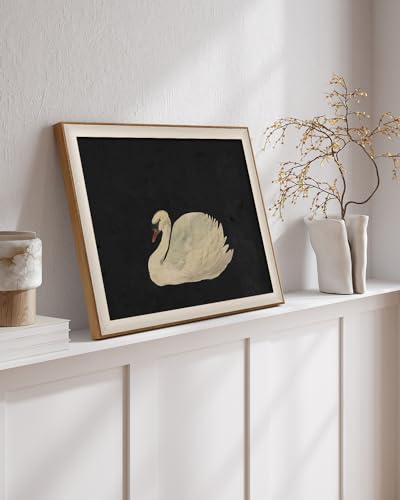 Swan Canvas Wall Art, Vintage Framed Painting for Living Room, 16x12 Inch