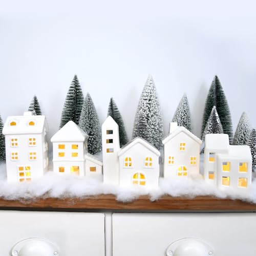 White Ceramic Christmas Village Set - 5 Houses, 9 Mini Trees & Snow