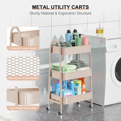 3-Tier Metal Utility Rolling Cart with Handle and Lockable Wheels