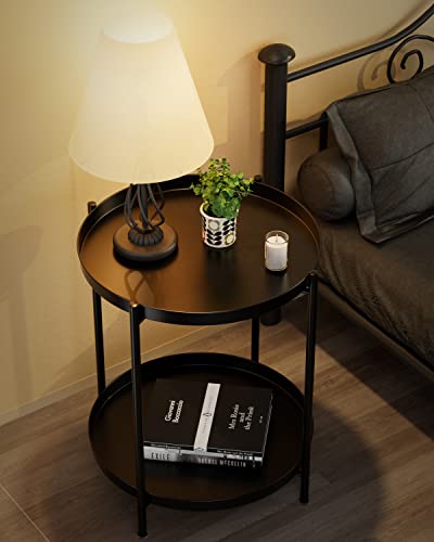 2-Tier Round Metal End Table with Removable Tray, Waterproof Side Table