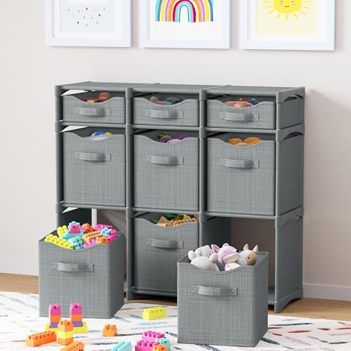 9-Cube Storage Organizer with Bins Grey Closet Toy Storage Shelf