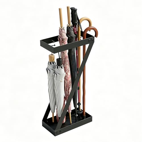Modern Metal Umbrella Stand for Entryway with Hooks, Black Rustproof Rack