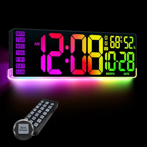 16.5" Large LED Digital Wall Clock with RGB Backlight, Remote & Temp Display