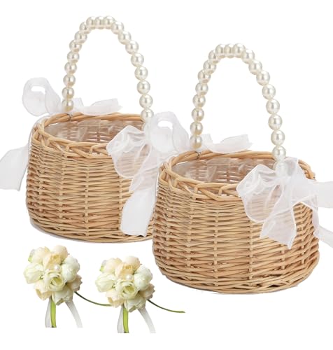 2PCS Wicker Flower Girl Basket and Wrist Corsage Set with Pearl Handle
