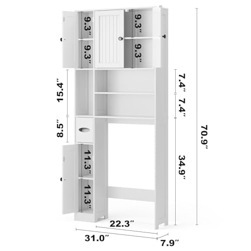 Over Toilet Storage Cabinet with 5 Doors and Adjustable Shelves, White Bathroom Organizer