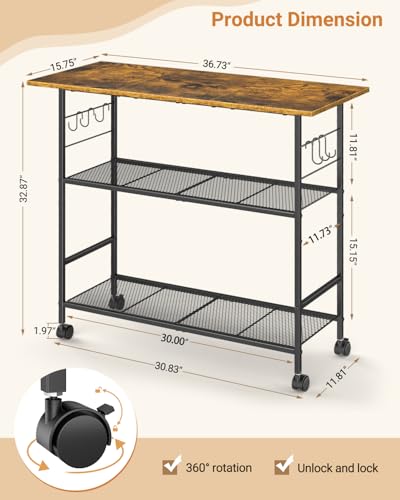 Rolling Kitchen Island with 3 Shelves, Microwave Stand and Coffee Bar
