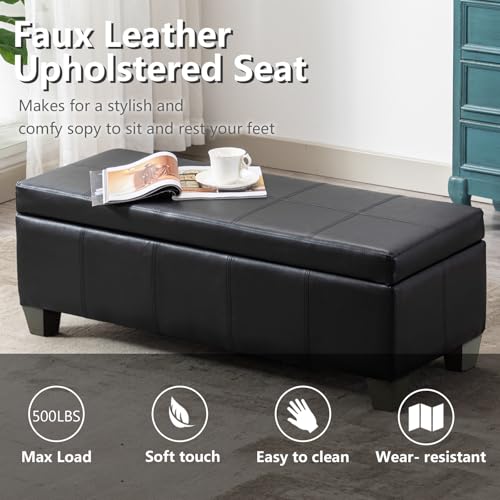 51-Inch Faux Leather Storage Ottoman Bench with Safety Hinge, Black