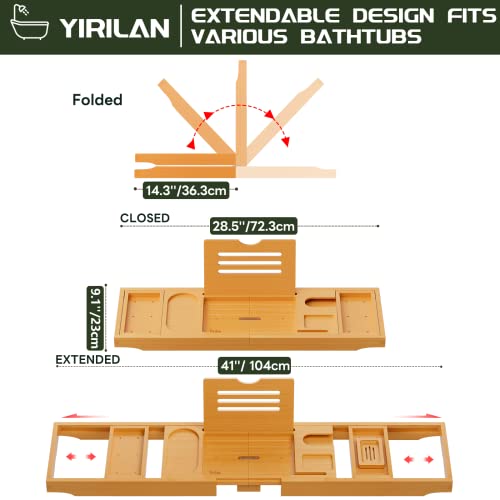 Yirilan Bamboo Bath Tray - Foldable Adjustable Wooden Bath Caddy with Book Rest & Spa Accessories
