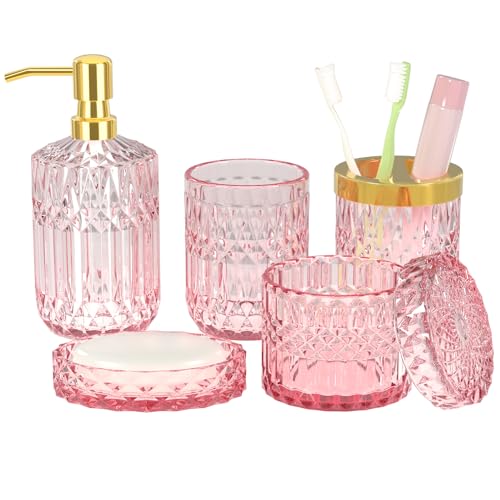 5-Piece Pink Glass Bathroom Accessory Set - Elegant Countertop Organizer