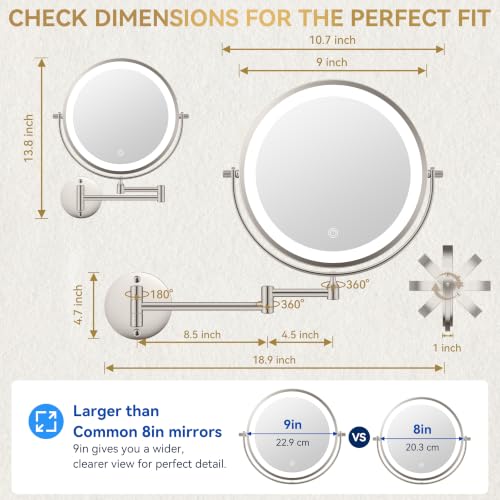 Auxmir 9″ 5000mAh 1X/30X Wall Mounted Lighted Magnifying Makeup Mirror