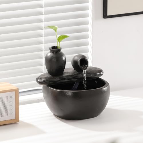 Black Ceramic Tabletop Water Fountain for Indoor Home & Office Decor