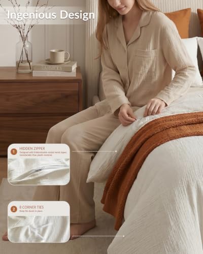 100% Washed Cotton Muslin Duvet Cover Set - 3-Piece Queen Bedding, White