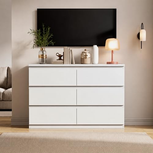 Modern 6-Drawer Double Dresser for Bedroom, White Wood Storage Chest