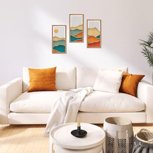 3-Piece Boho Mountain Landscape Wooden Wall Art, Minimalist Nature Decor