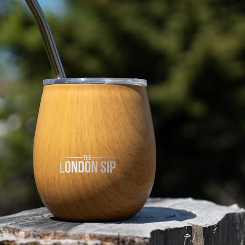 London Sip Yerba Mate Cup & Bombilla Set with 2 Burl Wood Gourds, Spill-Resistant Lids & Accessories