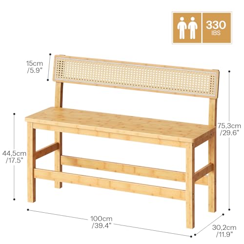 Bamboo Dining Bench with Rattan-Style Backrest, Farmhouse Entryway Seating