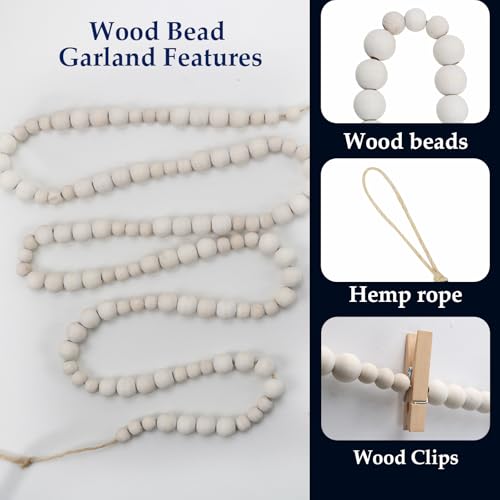 Boho Hanging Photo Display with Wood Beads and 30 Clips, 67-Inch Garland