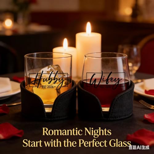 DeeCoo His & Hers Wine & Whiskey Glass Set - Wedding Gift for Couples, 2026 Newlyweds