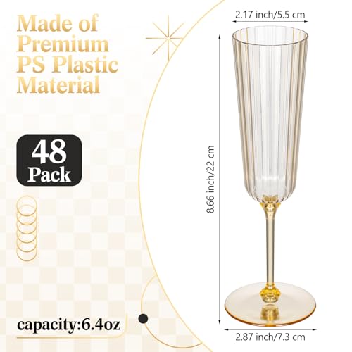 Jingmore 48 Pcs Gold Plastic Ribbed Champagne Flutes 6.4 oz for Parties