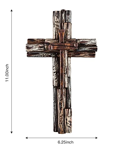 Rustic Layered Wood-Look Resin Wall Cross with Faux Iron Nail Accents
