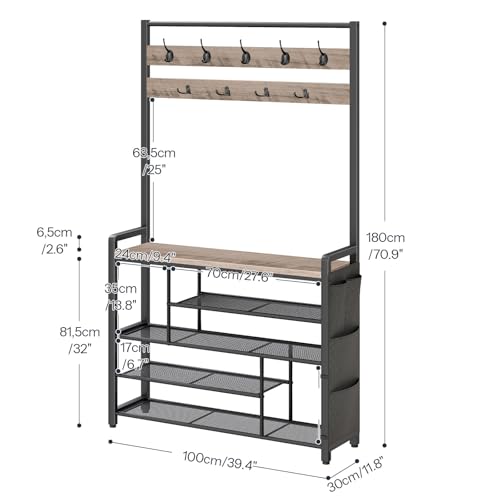 Industrial Hall Tree with Bench and Shoe Storage, 39-inch Entryway Coat Rack