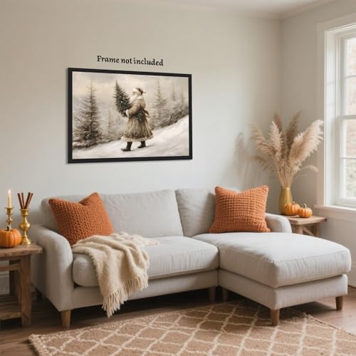 Vintage Santa Claus Prints 8x12 Unframed – Snowy Forest Rustic Holiday Poster, Style-5