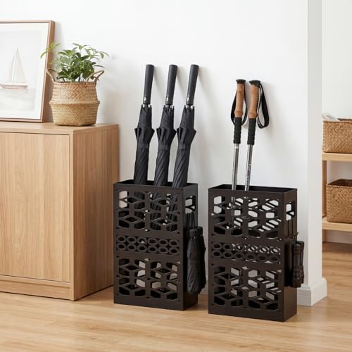 Rectangle Metal Umbrella Stand with 2 Hooks, Rust-Resistant Entryway Holder