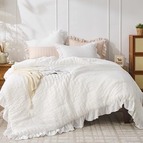 White Ruffle Seersucker Queen Comforter Set - 3-Piece Soft Bedding Set