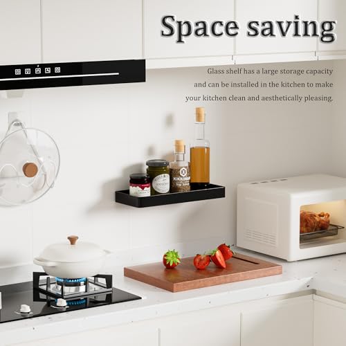 11.8-Inch Black Glass Floating Wall Shelf, Stainless Steel Bathroom Organizer