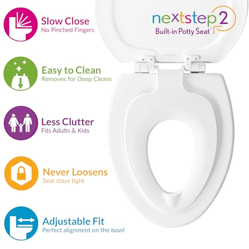 Mayfair NextStep2 Elongated Toilet Seat with Built-In Potty Training, Slow-Close, Removable, White, Family-Friendly