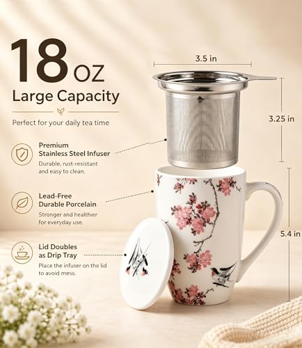 AmorArc Peach Blossom 18oz Ceramic Tea Mug with Infuser & Lid, Loose Leaf Steeper