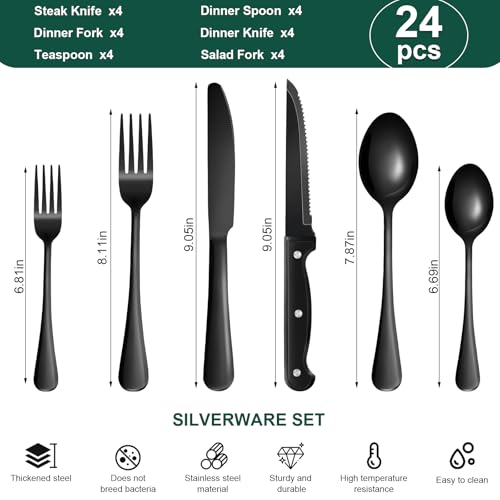 24-Piece Black Stainless Steel Flatware Set with Steak Knives for 4