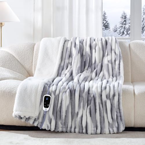Electric Blanket Throw 50x60, Faux Fur to Sherpa, Blue White - 6 Heating Levels, Auto Off, Machine Washable