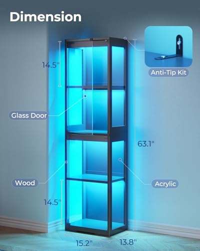 4-Tier Glass Display Cabinet with RGB Lights and Pop-Up Doors