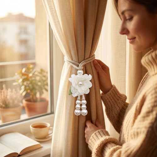 Adjustable Hand-Woven Curtain Tiebacks with Silk Flower and Pearl (Set of 4)