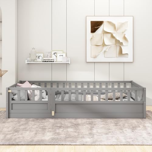 Montessori Twin Floor Bed Frame with Safety Guardrails and Door, Solid Pine