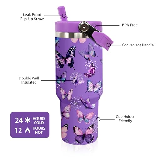 Purple Butterfly 30 OZ Insulated Tumbler with Handle & Flip Straw Lid - Leak Proof