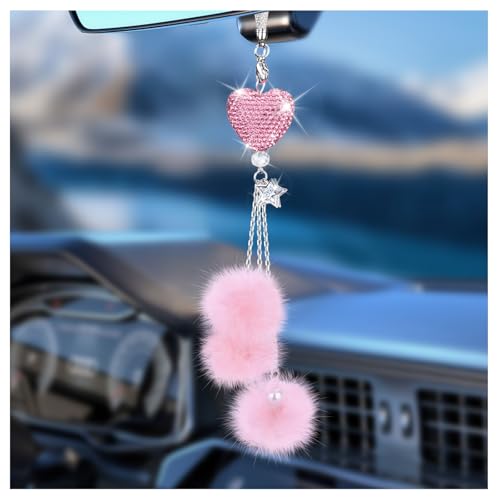 Bling Pink Heart Car Rear View Mirror Ornament with Plush Pom Poms