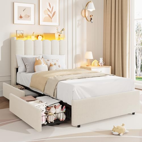 Twin Size Platform Bed Frame with Storage Drawers, LED Headboard & Boucle
