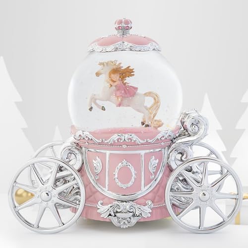 Unicorn Princess Carriage 7" Snow Globe Music Box - Pink LED Light Up Globe, La Vie en Rose
