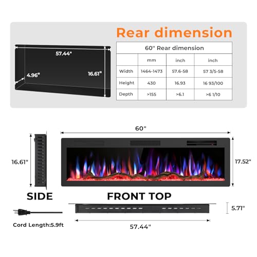 60-Inch Recessed and Wall-Mounted Smart Electric Fireplace with App and Voice Control