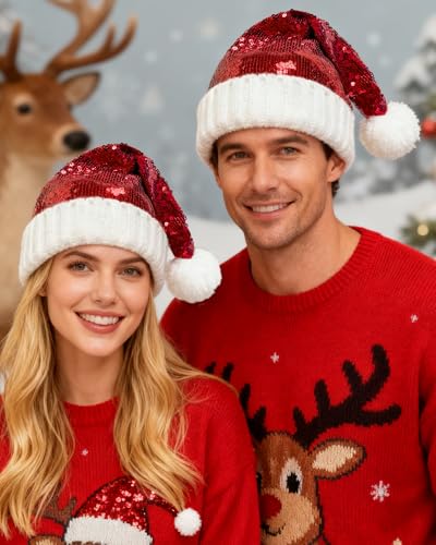 Sequin Knit Santa Hat for Adults - Bling Christmas Party Hat