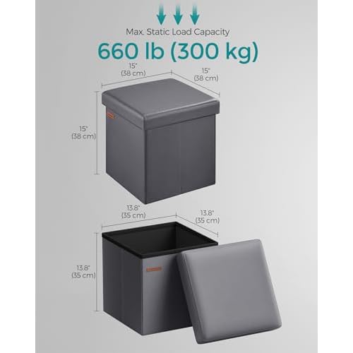 SONGMICS Mazie Collection - 15 Inches Ottoman with Storage, Footstool, Storage Ottoman, Load 660 lb, for Dorm, Living Room, Bedroom, Synthetic Leather, Dark Gray ULSF010G01
