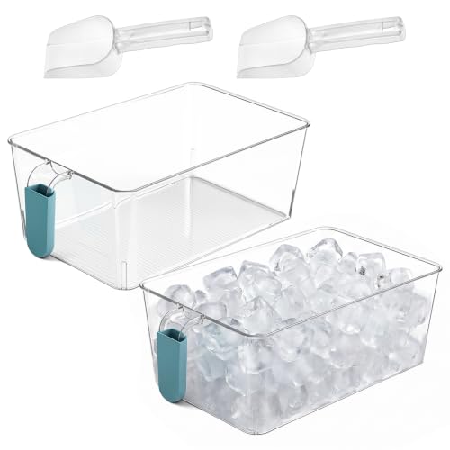 2-Pack Freezer Ice Bins with Scoops - Clear Plastic Ice Storage Organizer