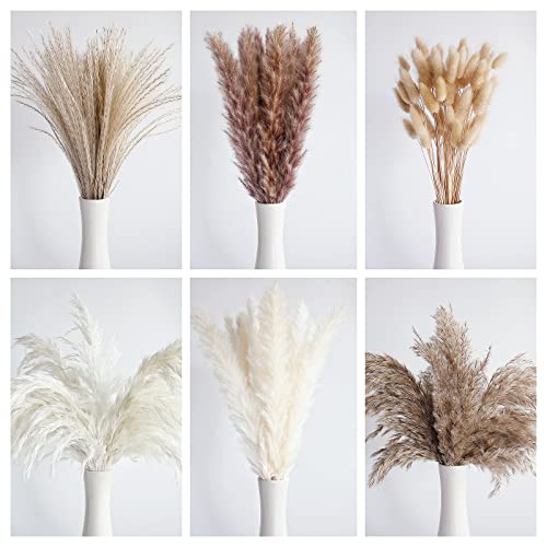 110 Pcs Dried Pampas Grass Bouquet with Bunny Tails - Boho Home Decor