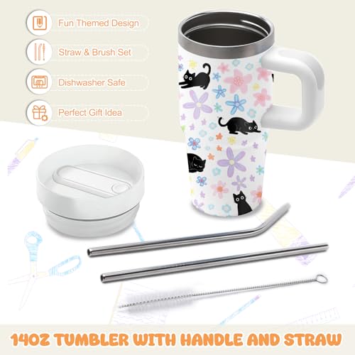 Kids Cat Tumbler with Handle and Straw - 14 oz Insulated Stainless Steel Travel Mug - Cat Lover Gift